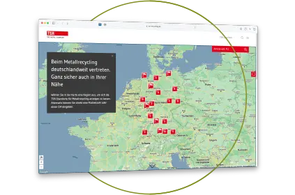 Screenshot der Website tsr-recycling.de der eine Deutschlandkarte zeigt
